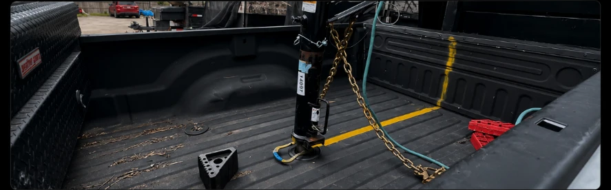 Close-up of the trailer hitch inside the Thatsjunk truck bed